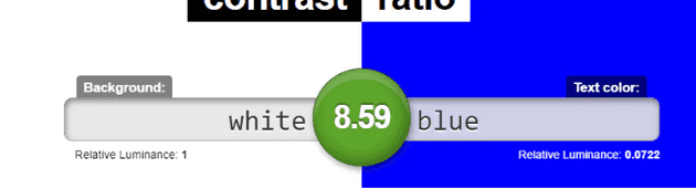 Contrast ratio tool showing a contrast ratio of 8.59 between white and blue