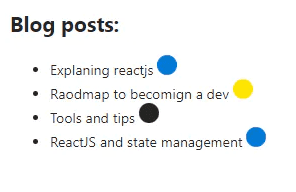 List of blog posts with color dots