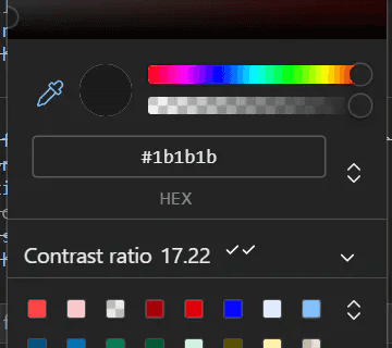 Edge browser developer tools showing contrast ratio of 17.22